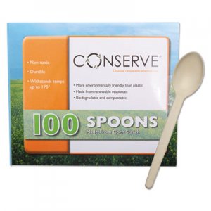 Conserve Corn Starch Cutlery, Spoon, White, 100/Pack BAU10232 10232