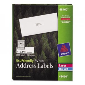 Avery EcoFriendly Mailing Labels, Inkjet/Laser Printers, 1 x 2.63, White, 30/Sheet, 100 Sheets/Pack AVE48460 48460