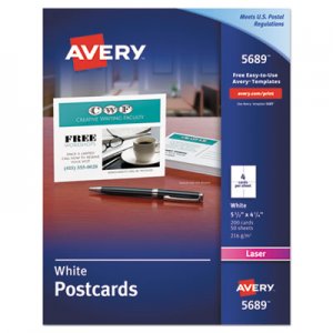 Avery Postcards for Laser Printers, 4 1/4 x 5 1/2, Uncoated White, 4/Sheet, 200/Box AVE5689 05689