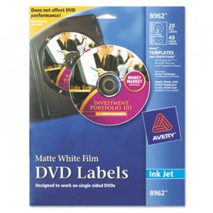 Avery Inkjet DVD Labels, Matte White, 20/Pack AVE8962 08962