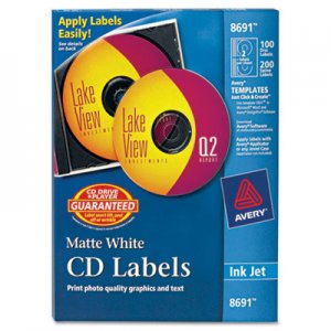 Avery Inkjet CD Labels, Matte White, 100/Pack AVE8691 08691