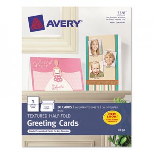 Avery Textured Half-Fold Greeting Cards, Inkjet, 5 1/2 x 8.5, Wht, 30/Bx w/Envelopes AVE3378 03378