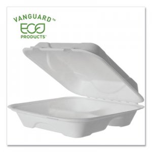 Eco-Products Vanguard Renewable and Compostable Sugarcane Clamshells, 3-Compartment, 9 x 9 x 3, White, 200/Carton ECOEPHC93NFA EP