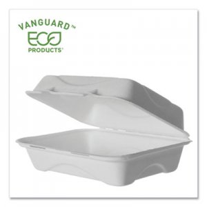 Eco-Products Vanguard Renewable and Compostable Sugarcane Clamshells, 1-Compartment, 9 x 6 x 3, White, 250/Carton ECOEPHC96NFA EP