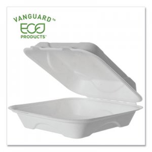Eco-Products Vanguard Renewable and Compostable Sugarcane Clamshells, 1-Compartment, 9 x 9 x 3, White, 200/Carton ECOEPHC91NFA EP