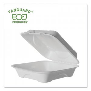 Eco-Products Vanguard Renewable and Compostable Sugarcane Clamshells, 1-Compartment, 8 x 8 x 3, White, 200/Carton ECOEPHC81NFA EP