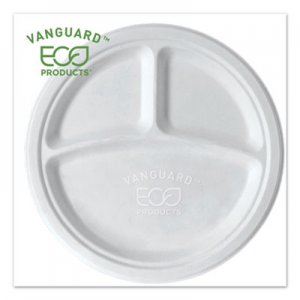 Eco-Products Vanguard Renewable and Compostable Sugarcane Plates, 3 Compartment, 10", White, 500/Carton ECOEPP007NFA EP-P007NFA