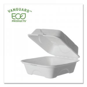 Eco-Products Vanguard Renewable and Compostable Sugarcane Clamshells, 6 x 6 x 3, White, 500/Carton ECOEPHC6NFA EP-HC6NFA