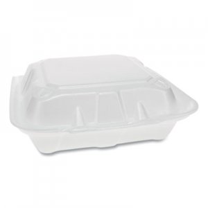 Pactiv Foam Hinged Lid Containers, Dual Tab Lock Economy, 3-Compartment, 8.42 x 8.15 x 3, White, 150