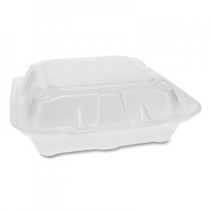 Pactiv Foam Hinged Lid Containers, Dual Tab Lock, 3-Compartment, 8.42 x 8.15 x 3, White, 150/Carton