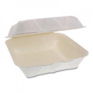 Pactiv EarthChoice Bagasse Hinged Lid Container, Dual Tab Lock Large Container, 9 x 9 x 3.5, Natural, 150/Carton