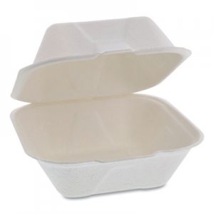 Pactiv EarthChoice Bagasse Hinged Lid Container, Single Tab Lock, 6" Sandwich, 5.8 x 5.8 x 3.3, Natural