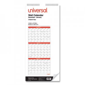 Universal Three-Month Wall Calendar, White/Black/Red, 12 x 27, 2021 UNV71003 71003