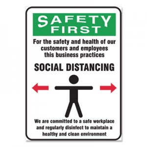 Accuform Social Distance Signs, Wall, 10 x 14, Customers and Employees Distancing Clean Environment, Humans/Arrows, Green/White, 10/PK