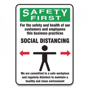 Accuform Social Distance Signs, Wall, 7 x 10, Customers and Employees Distancing Clean Environment, Humans/Arrows, Green/White, 10/PK