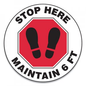 Accuform Slip-Gard Social Distance Floor Signs, 12" Circle, "Stop Here Maintain 6 ft", Footprint, Red/White, 25/Pack GN1MFS388ESP