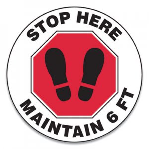 Accuform Slip-Gard Social Distance Floor Signs, 17" Circle, "Stop Here Maintain 6 ft", Footprint, Red/White, 25/Pack GN1MFS390ESP