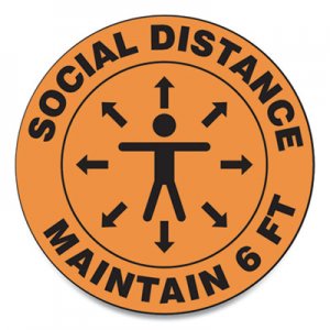 Accuform Slip-Gard Social Distance Floor Signs, 12" Circle, "Social Distance Maintain 6 ft", Human/Arrows, Orange, 25/Pack GN1MFS380ESP