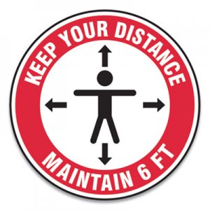 Accuform Slip-Gard Social Distance Floor Signs, 17" Circle, "Keep Your Distance Maintain 6 ft", Human/Arrows, Red/White, 25