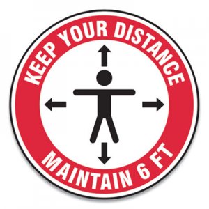 Accuform Slip-Gard Social Distance Floor Signs, 12" Circle, "Keep Your Distance Maintain 6 ft", Human/Arrows, Red/White, 25