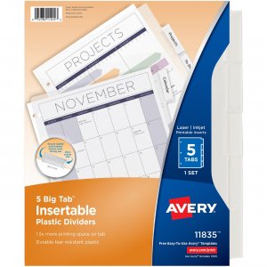 Avery Big Tab(TM) Insertable Plastic Dividers, 5-Tab Set, Clear 11835 AVE11835