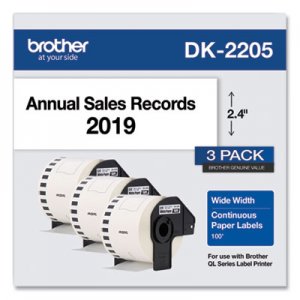 Brother Continuous Paper Label Tape, 2.4" x 100 ft, White, 3 Rolls/Pack BRTDK22053PK DK22053PK
