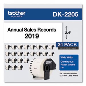 Brother Continuous Paper Label Tape, 2.4" x 100 ft, White, 24 Rolls/Pack BRTDK220524PK DK220524PK