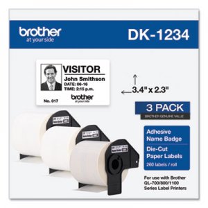 Brother Die-Cut Name Badge Labels, 2.3 x 3.4, White, 260/Roll, 3 Rolls/Pack BRTDK12343PK DK12343PK