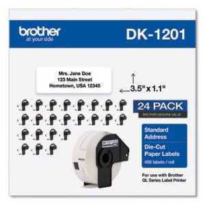Brother Die-Cut Address Labels, 1.1 x 3.5, White, 400/Roll, 24 Rolls/Pack BRTDK120124PK DK120124PK