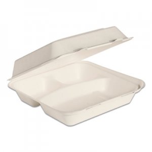 Dart Bare by Solo Eco-Forward Bagasse Hinged Lid Containers, 3-Compartment, 9.6 x 9.4 x 3.2
