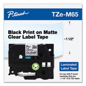 Brother P-Touch TZe Standard Adhesive Laminated Labeling Tape, 1.4" x 26.2 ft, White on Matte Clear BRTTZEM65