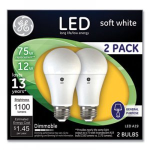 GE 75W LED Bulbs, 12 W, A19 Bulb, Soft White, 2/Pack GEL93127324 93127324