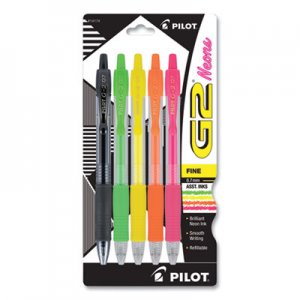 Pilot G2 Neon Retractable Gel Pen, Fine 0.7 mm, Assorted Neon Ink/Barrel, 5/Pack PIL14174