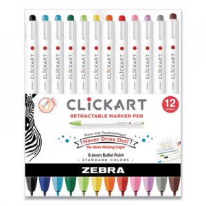 Zebra ClickArt Retractable Marker Pen, Fine 0.6 mm, Assorted Ink, White Barrel, 12/Pack ZEB69012 69012