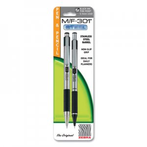 Zebra M/F 301 Stainless Steel Retractable Pen and Mechanical Pencil Set, Fine Black Pen,0.5 mm Black Pencil
