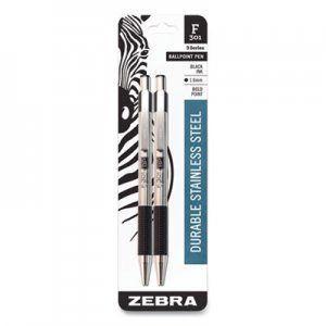 Zebra F-301 Retractable Ballpoint Pen, 1.6 mm, Black Ink, Stainless Steel/Black Barrel, 2/Pack ZEB892149 27312