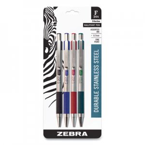 Zebra F-301 Retractable Ballpoint Pen, 0.7 mm, Assorted Color Ink, Stainless Steel/Assorted Color Barrel, 4/Pack ZEB521182