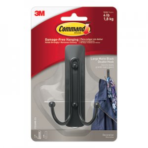 Command Adhesive Mount Metal Hook, Large, Double Hook, Matte Black Finish, 1 Hook and 1 Strip/Pack MMM17036MBES 17036MB-ES
