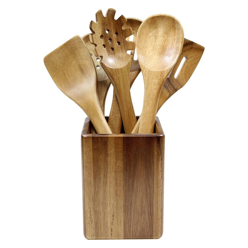 Tablecraft Elements Collection Utensil Set with Holder, 5" x 6.5" x 11.5", Marble/Acacia H14006 H14006