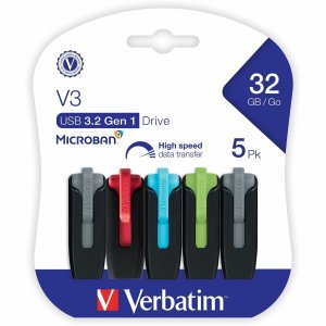 Verbatim 32GB Store 'n' Go V3 USB 3.2 Gen 1 Flash Drive - 5pk - Assorted 70900 VER70900