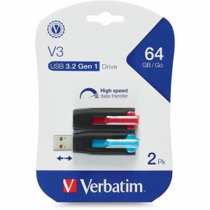 Verbatim 64GB Store 'n' Go V3 USB 3.2 Gen 1 Flash Drive - 2pk - Red, Blue 70899 VER70899