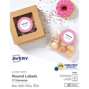 Avery Glossy White Labels, 3" Round, 60 Labels 22891 AVE22891