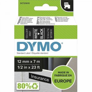 DYMO D1 45021 Tape 12mm x 7m White on Black S0720610 DYMS0720610