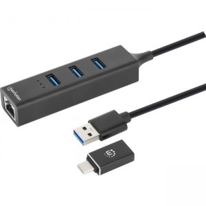 Manhattan 3-Port USB 3.0 Type-C/A Combo Hub with Gigabit Ethernet Network Adapter 180894